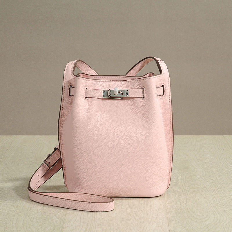 Genuine Top Layer Cowhide Kelly-Style Bucket Bag for Women, Casual Lock Buckle Crossbody Shoulder Purse, Versatile Everyday Handbag for Ladies