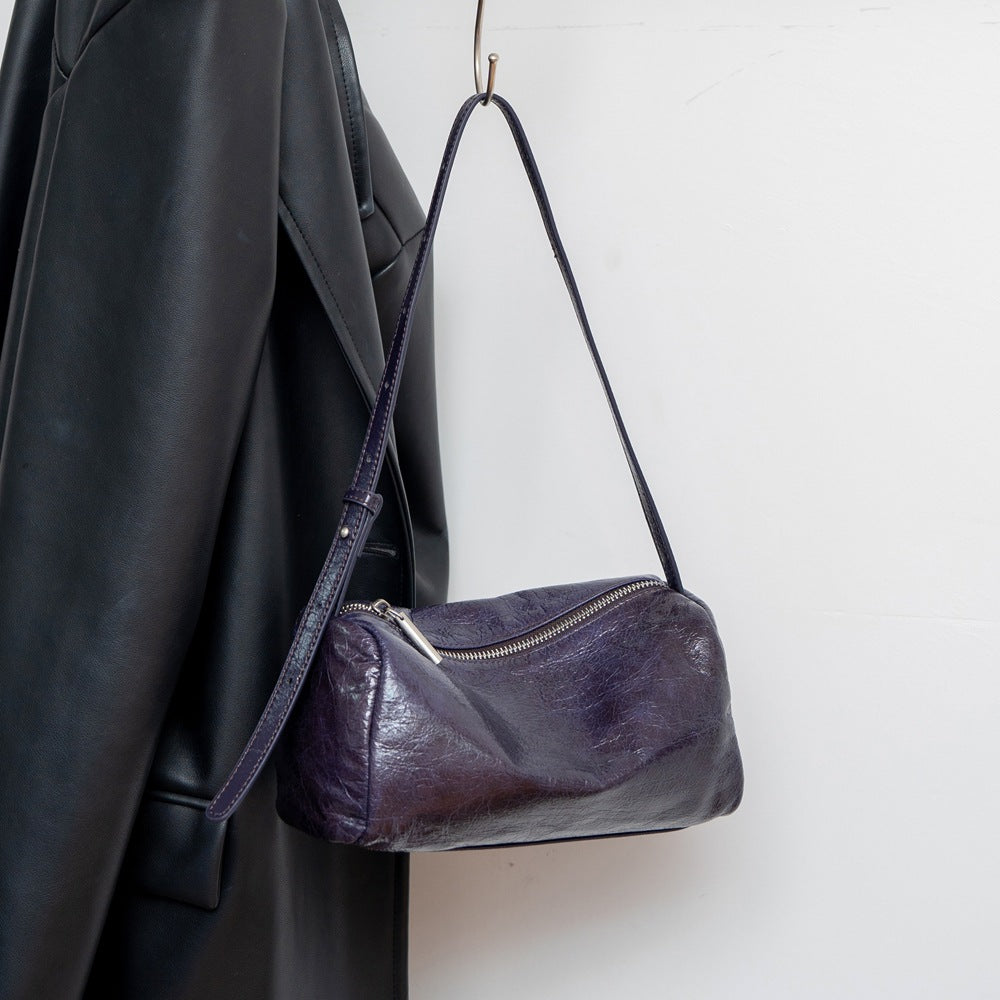 Genuine Top Layer Cowhide Vintage Boston Pillow Bag for Women, New Versatile Commute Shoulder Crossbody Purse, Premium Textured Leather Handbag for Ladies