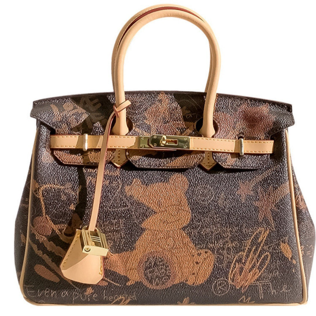 New Arrival Graffiti Bear Birkin-Inspired Tote Bag for Women, Large Capacity Shoulder Crossbody Handbag with Playful Versatile Design, Perfect Everyday Purse