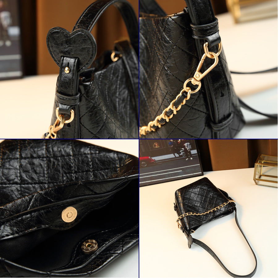 Quilted Chain Bucket Bag Set for Women Korean Style Shoulder Crossbody Handbag, Versatile Travel Purse with Detachable Sub-Bag