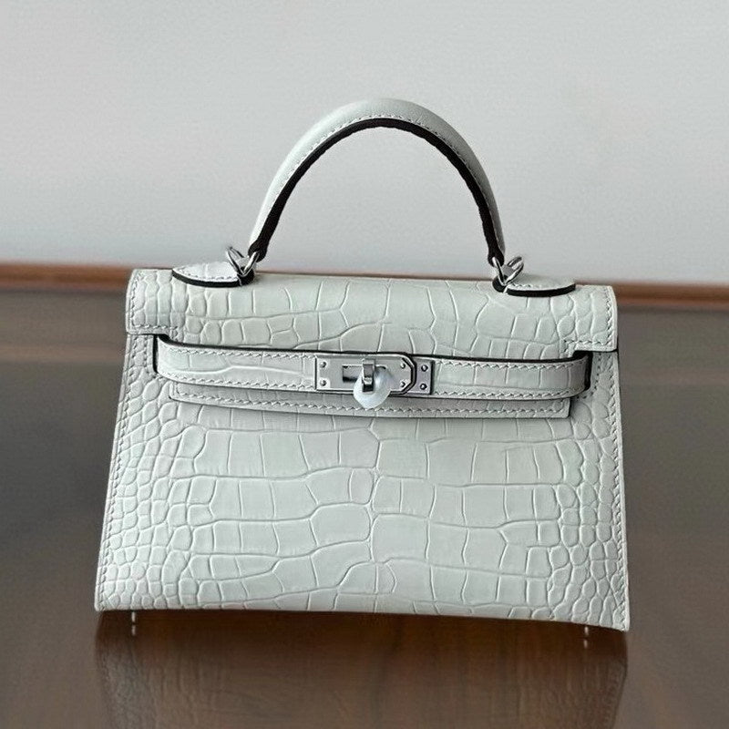 Genuine Leather High-Gloss Crocodile-Embossed Kelly-Style Bag for Women, New 2nd Gen Mini Top Handle Shoulder Purse, Premium Handbag for Ladies
