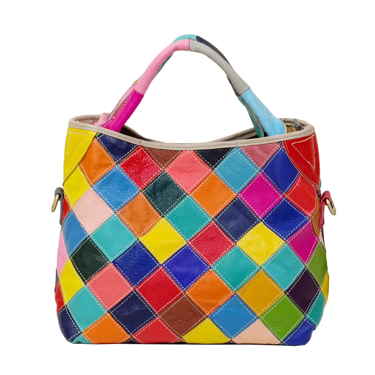 Premium Top-Layer Cowhide Leather Quilted Tote for Women | Ethnic-Inspired Color-Block Handbag with Unique Artistic Flair | Versatile Shoulder Top-Handle Bag with Trendy Bohemian Style | Statement Everyday Carryall with Vibrant Contrast Stitching & S