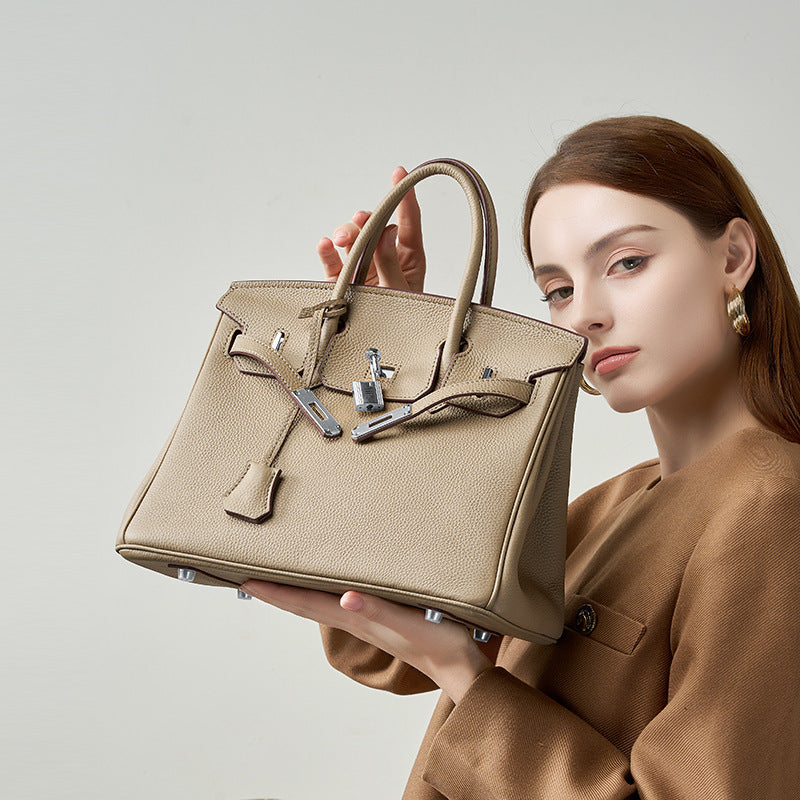 Premium Top-Layer Cowhide Leather Tote Bag for Women, Textured Grain Finish with Spacious Large Capacity, Unique Boutique Handbag with Turn-Lock Closure