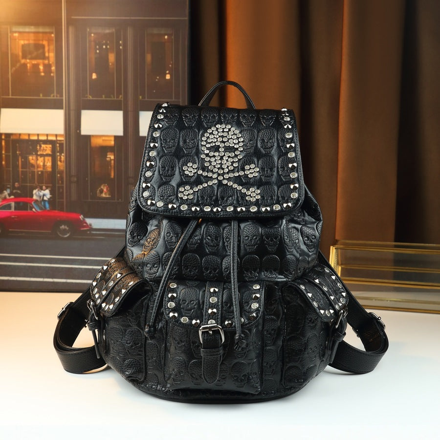 Halloween Skull Backpack for Men Women Rhinestone Studded Large Capacity Daypack, Gothic Punk Travel Backpack with Sparkling Crystal Embellishments