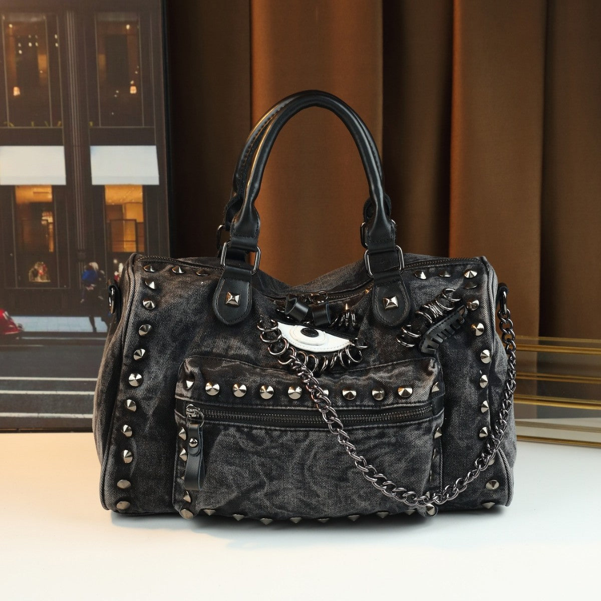 Denim Rivet Chain Bag for Women Casual Stylish Top Handle Shoulder Crossbody Purse, Large Capacity Handbag with Trendy Hardware Accents
