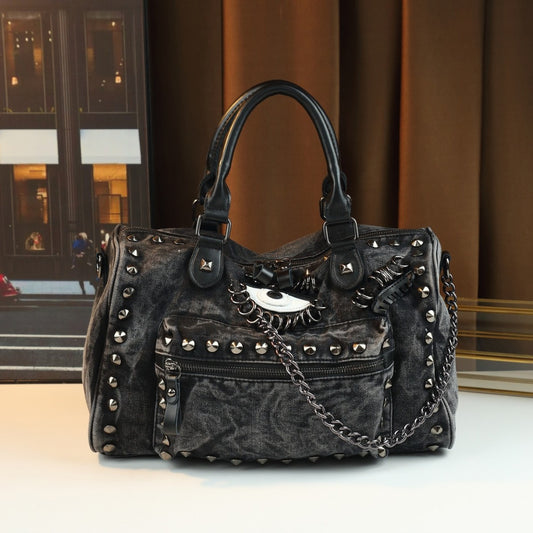Denim Rivet Chain Bag for Women Casual Stylish Top Handle Shoulder Crossbody Purse, Large Capacity Handbag with Trendy Hardware Accents