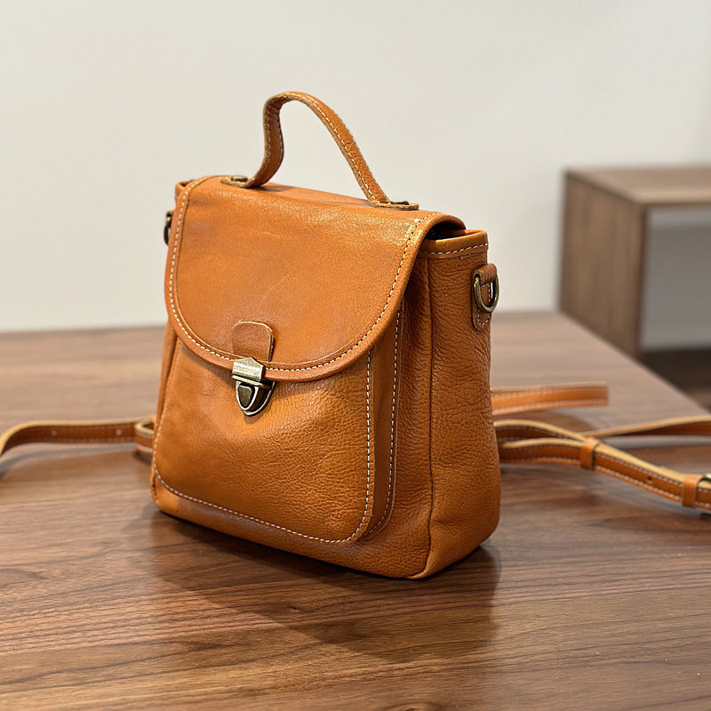 Genuine Top Layer Vegetable-Tanned Cowhide Backpack for Women, Fall Winter Small Shoulder Crossbody 2-in-1 Purse, Versatile Everyday Daypack for Ladies
