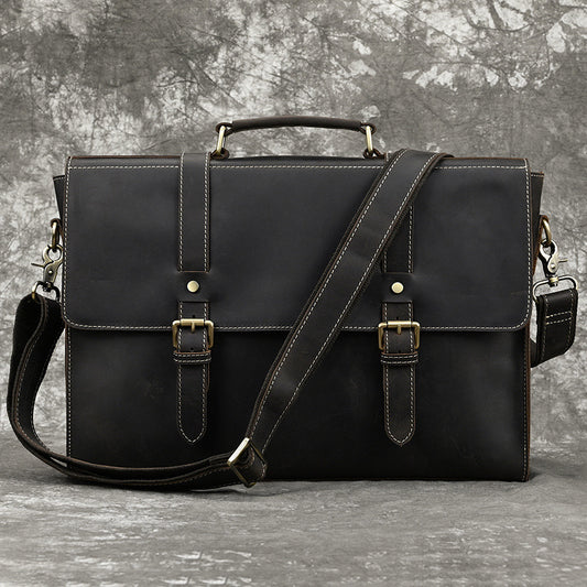 Vintage Crazy Horse Leather Laptop Briefcase, Top Layer Cowhide Commute Bag, Top Handle Crossbody Work Bag for Men