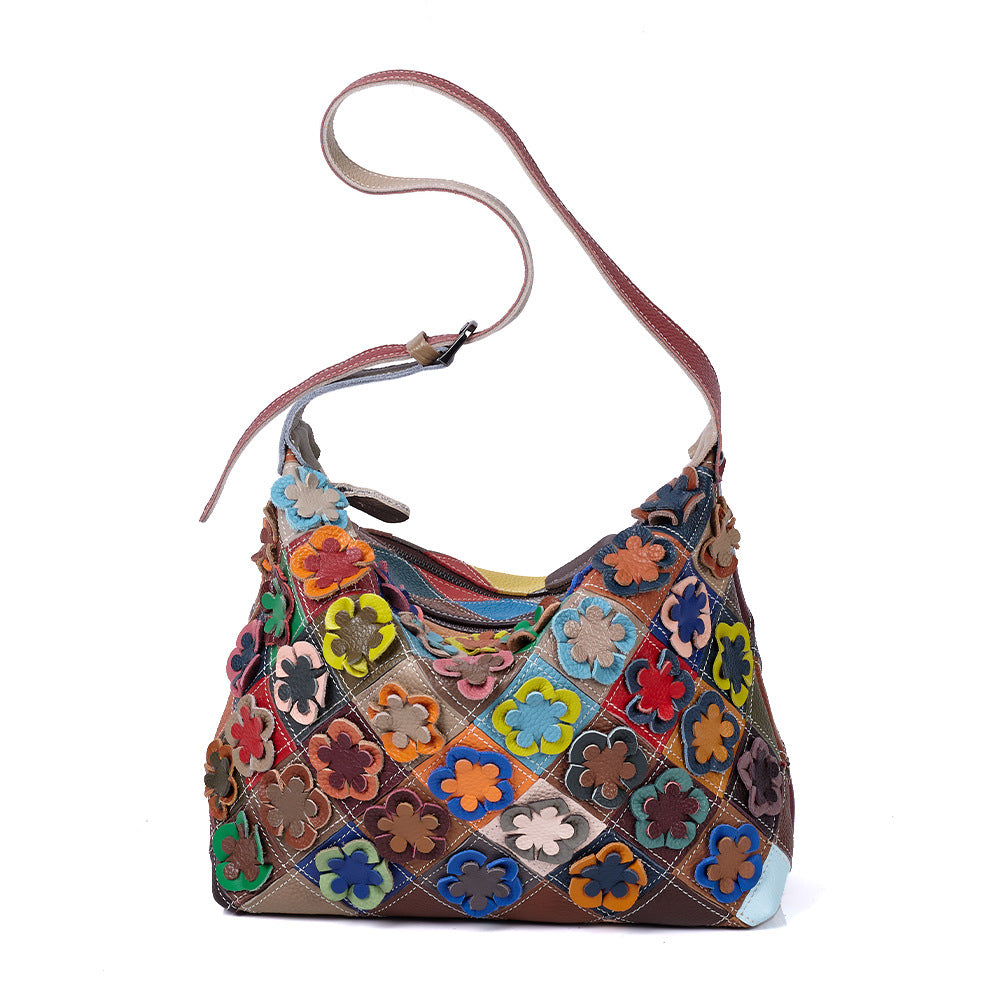 Premium Handcrafted Floral Color-Block Quilted Leather Bag for Women | New Genuine Cowhide Shoulder Purse with Unique Artistic Floral Patchwork Design | Casual Chic Everyday Handbag with Bohemian Flair | Trendy Statement Accessory for the Style-Consc