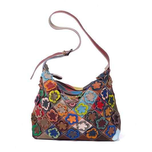 Premium Handcrafted Floral Color-Block Quilted Leather Bag for Women | New Genuine Cowhide Shoulder Purse with Unique Artistic Floral Patchwork Design | Casual Chic Everyday Handbag with Bohemian Flair | Trendy Statement Accessory for the Style-Consc