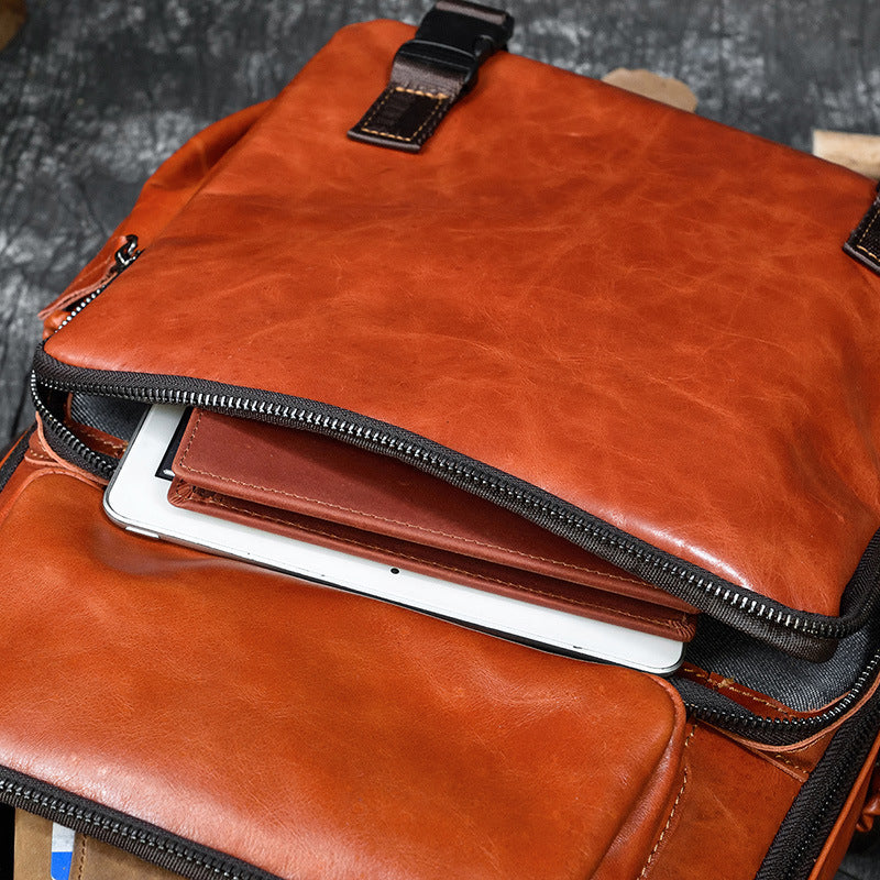 Genuine Oil Leather 14-Inch Laptop Backpack for Men and Women, Commute Travel Daypack, Premium Cowhide Rucksack for Ladies and Gentlemen