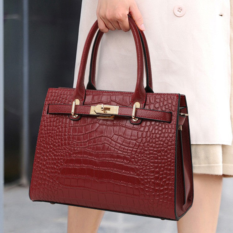 Genuine Leather Crocodile-Embossed Handbag for Women, Lock Buckle Commute Large Capacity Shoulder Crossbody Purse, Versatile Bag for Ladies