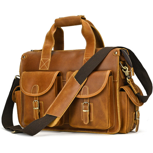 14-Inch Vintage Crazy Horse Leather Laptop Briefcase, Cross-Border Bestseller Business Commute Bag, Top Handle Shoulder Crossbody Work Bag for Men
