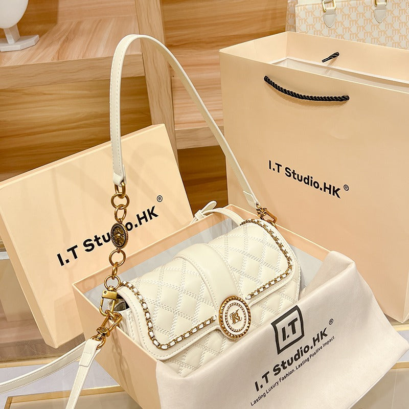Genuine Leather Minimalist Underarm Bag for Women, New Trendy Quilted Shoulder Crossbody Small Purse, Niche Designer Handbag for Ladies