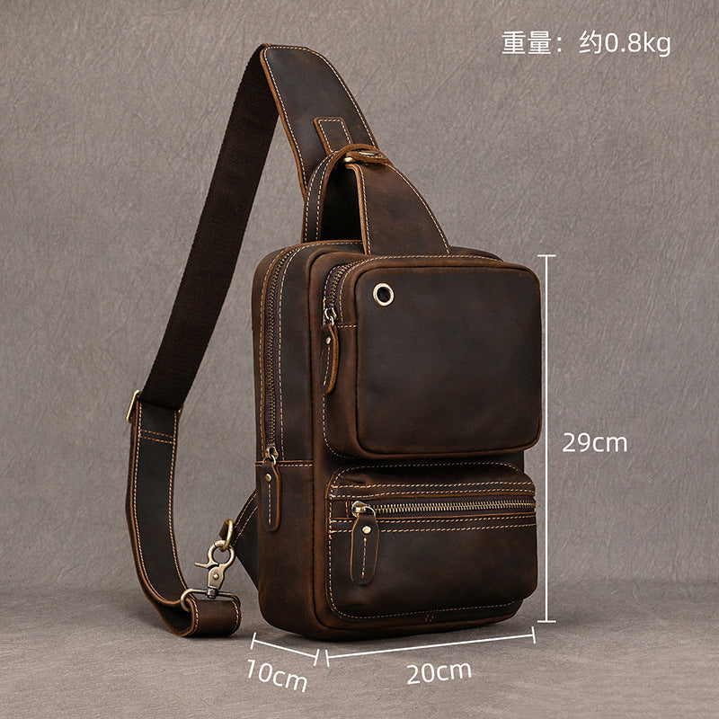 Large Capacity Crazy Horse Leather Chest Bag, Casual Crossbody Shoulder Pouch, Cowhide Bag Fits iPad for Men