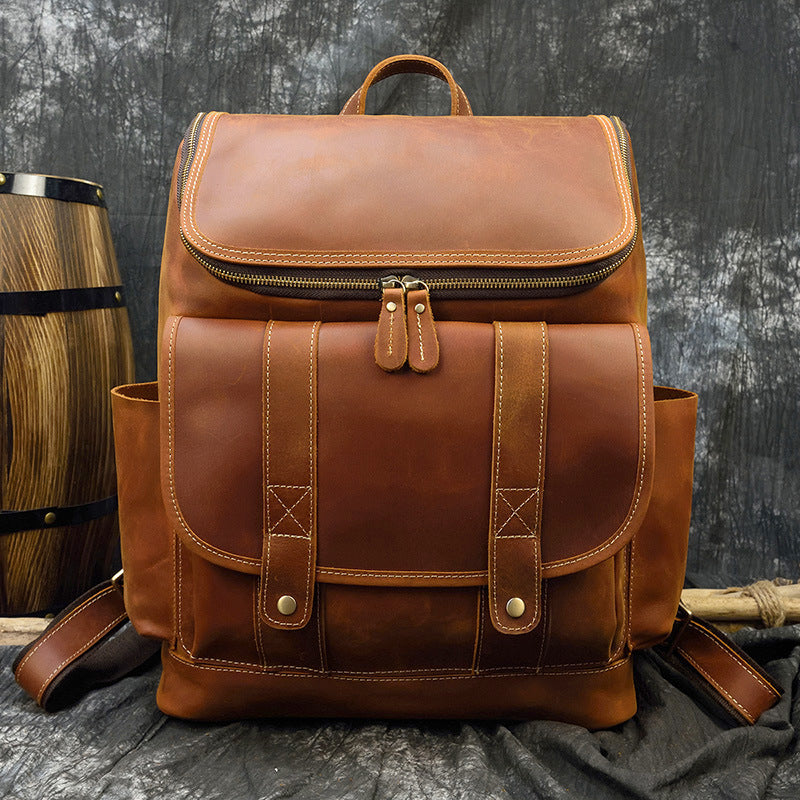 Crazy Horse Leather Large Capacity Travel Backpack, Top Layer Cowhide School Daypack, Premium Men's Rucksack