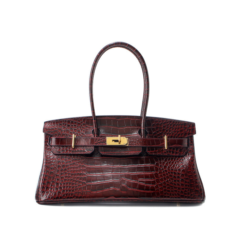 Chic Croc-Embossed Birkin-Inspired Horizontal Tote Bag for Women, Premium Top-Layer Cowhide Large Capacity Underarm Shoulder Handbag with Unique Boutique Style
