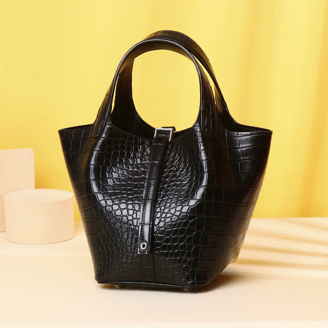 New Summer Genuine Leather Basket Bucket Bag for Women, A Versatile Croc-Effect Top-Handle Shoulder Crossbody Handbag Perfect for Summer Style