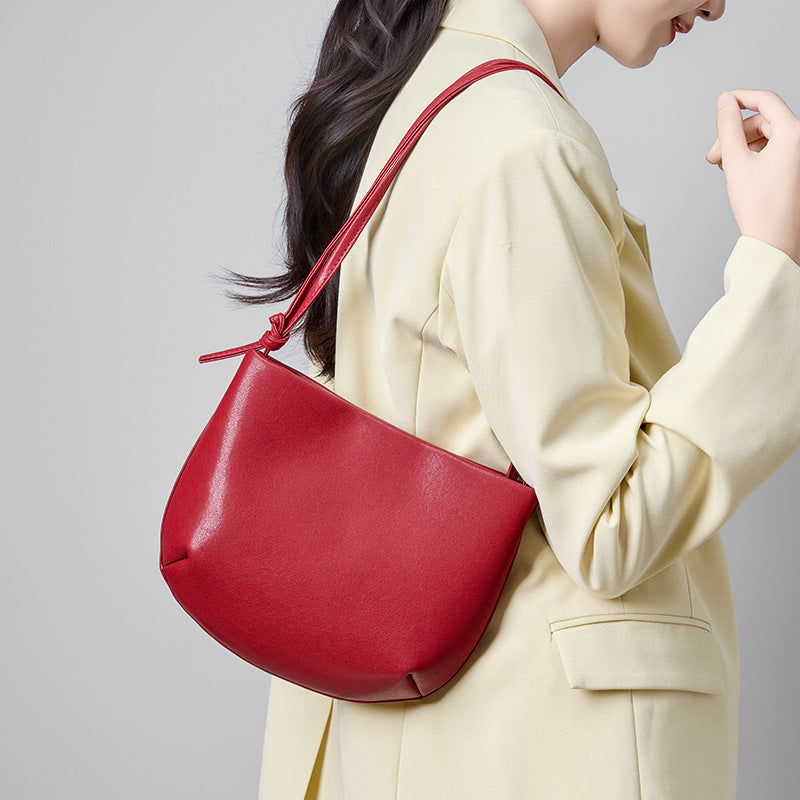 New Red Premium Minimalist Commute Bag, Versatile Shoulder Crossbody Top Handle Purse, Genuine Leather Summer Handbag for Women