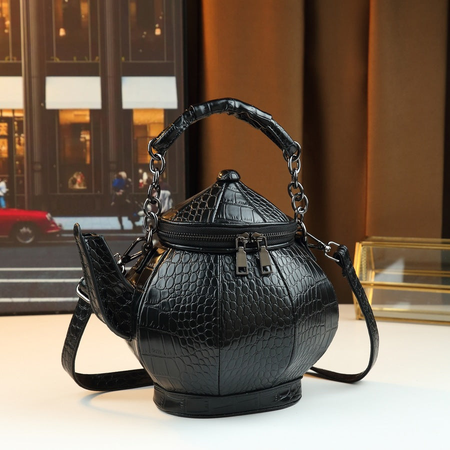 New Arrival Quirky Teapot-Shaped Croc-Effect Bag for Women, A Creative Chinese Style Novelty Shoulder Crossbody Handbag with Unique Fun Design