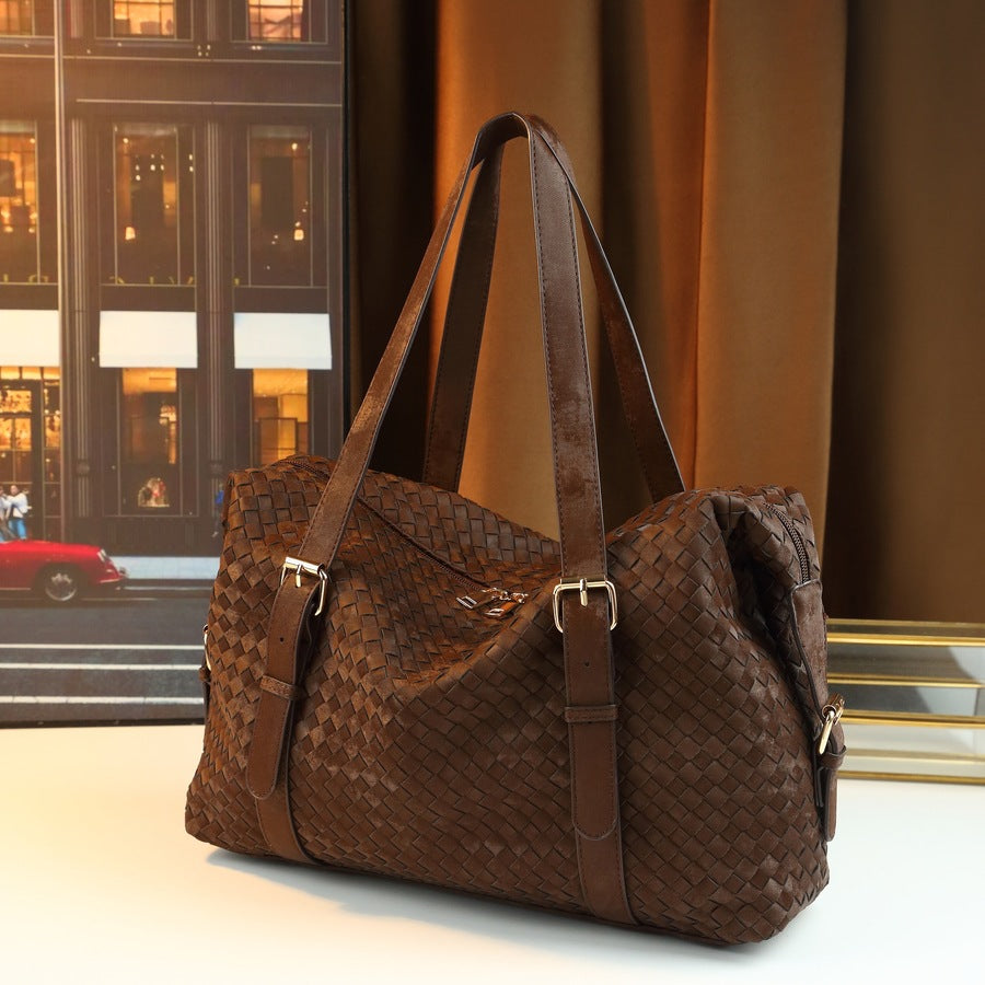 Woven Travel Tote Bag for Men and Women Large Capacity Shoulder Luggage Handbag, Coffee Brown Business Trip Purse with Versatile Design