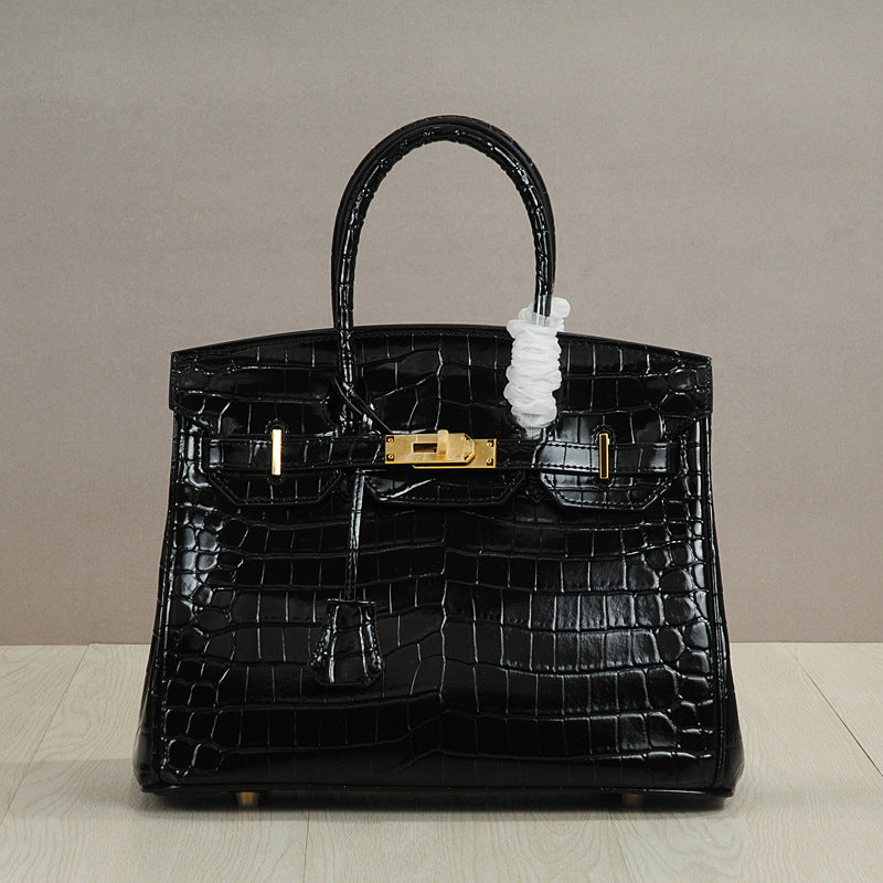 Genuine Leather Crocodile-Embossed Birkin-Style Bag for Women, New Large Capacity Commute Top Handle Shoulder Crossbody Purse, Fashionable Versatile Handbag for Ladies
