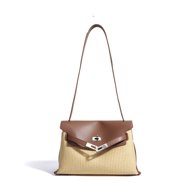 Straw Woven Kelly-Style Briefcase in Genuine Leather, Minimalist Large Capacity Shoulder Crossbody Bag, Versatile Commute Purse for Women