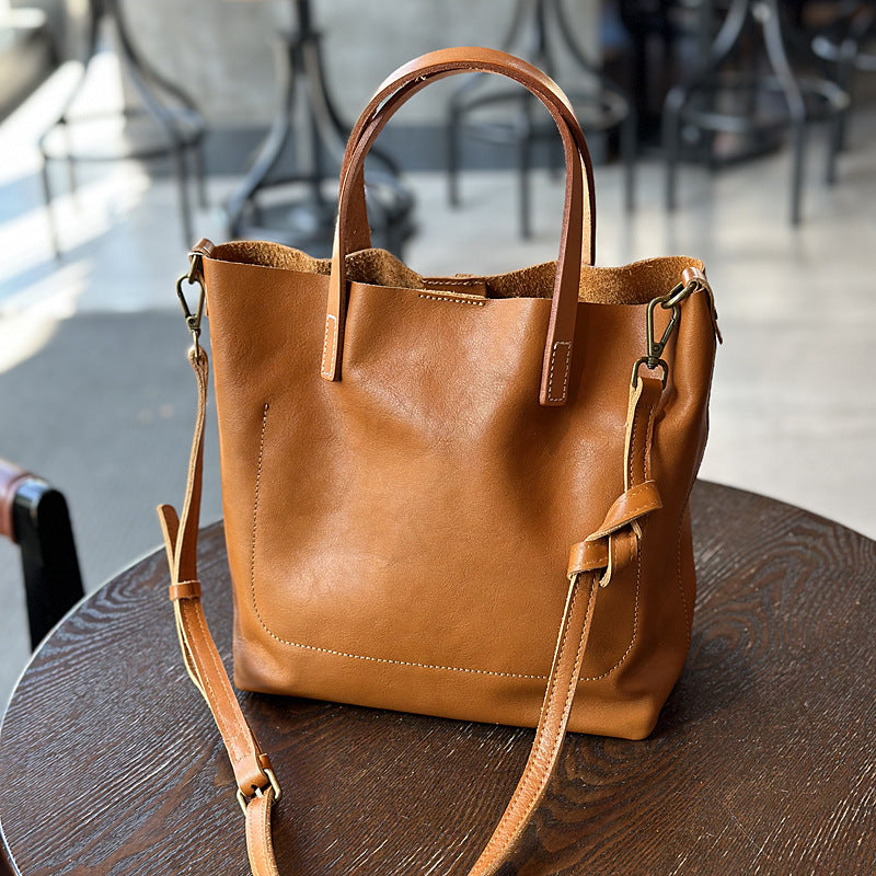Genuine Cowhide Handbag for Women, New Spring Summer Japanese Vintage Shoulder Crossbody Top Handle Purse, Minimalist Commute Bag for Ladies
