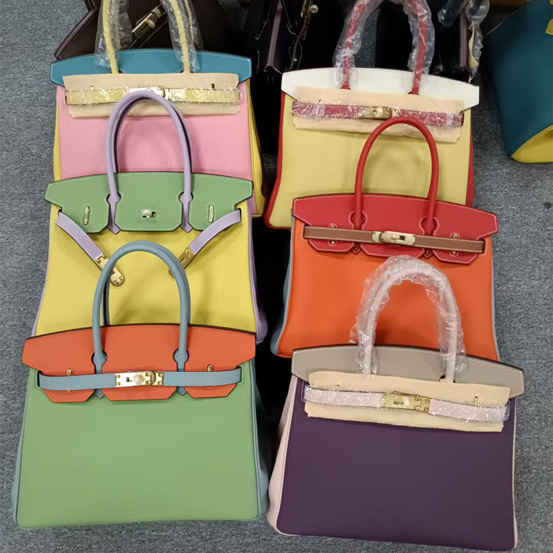 New Arrival Color-Blocked Birkin-Inspired Tote Bag for Women, Premium Top-Layer Cowhide Leather Large Capacity Shoulder Crossbody Handbag with Fashionable Design