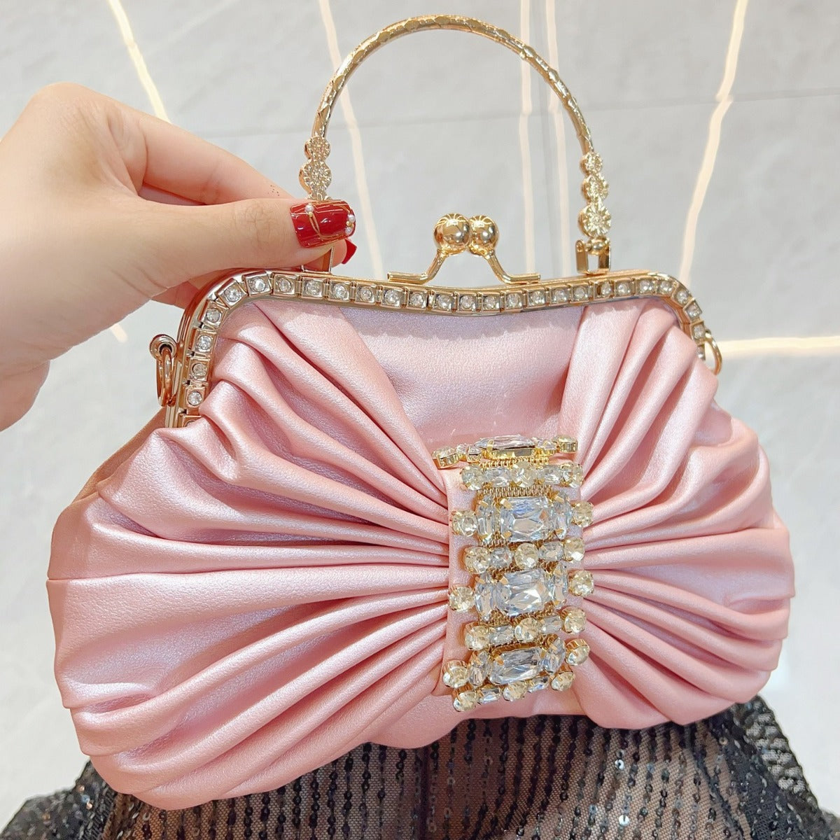 Handmade Rhinestone Kelly-Style Evening Bag for Women, French Fairy Bow Knot Banquet Purse, Sparkly Shoulder Crossbody Clutch for Ladies