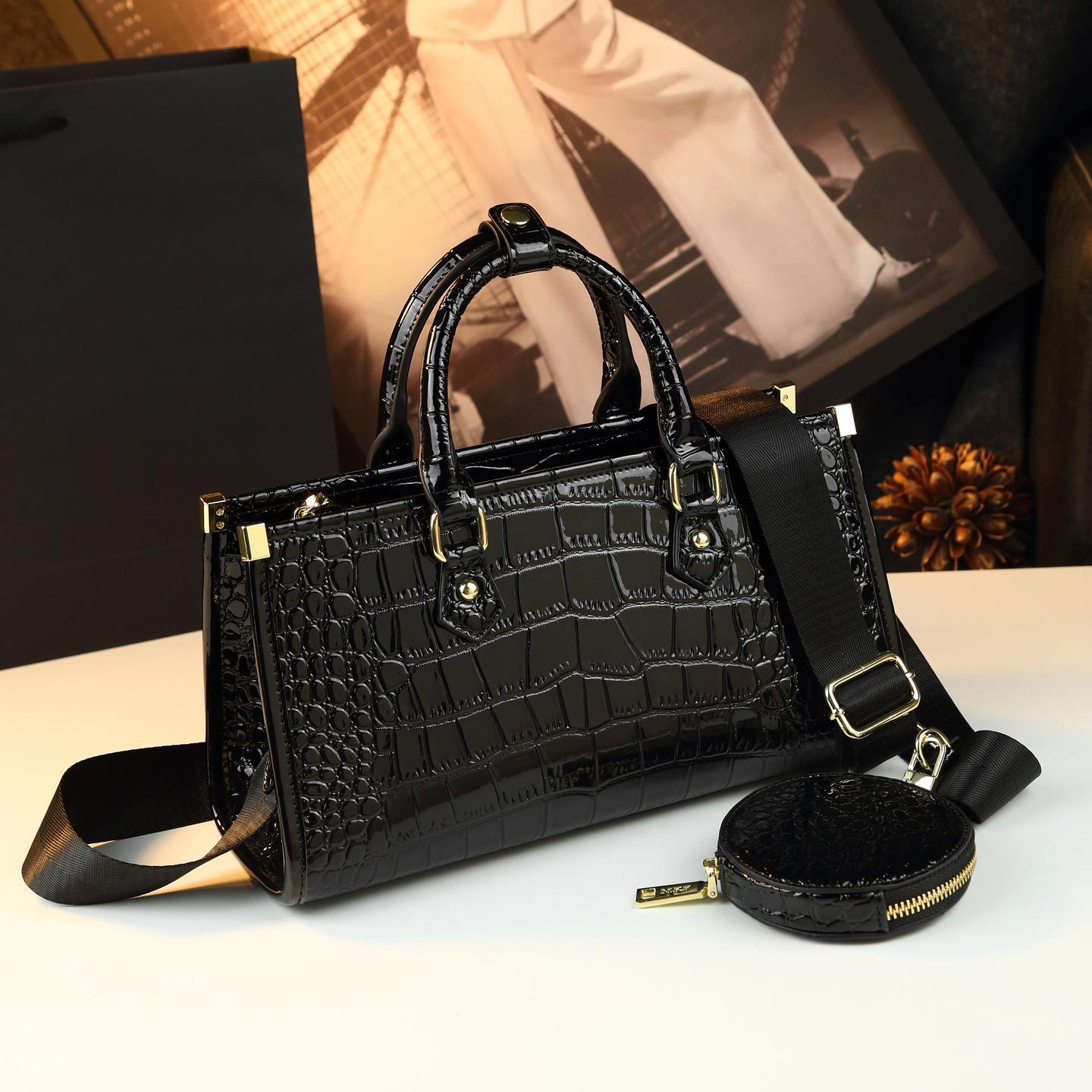 New Arrival Glossy Croc-Effect Light Luxury Handbag for Women, A Versatile Commuter Shoulder Crossbody Bag with Genuine Leather & Stylish Design