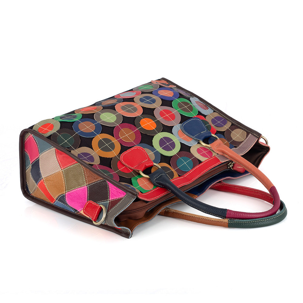 Premium Genuine Cowhide Leather Multi-Color Circular Patchwork Bag for Women | New Casual Color-Block Top-Handle Shoulder Handbag with Unique Artistic Design | Trendy Versatile Purse for Work, Errands, Travel & Everyday Chic | Statement Accessory wit