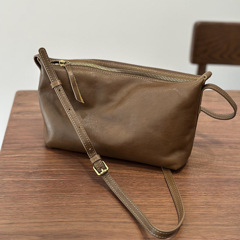 Genuine Top Layer Vegetable-Tanned Cowhide Crossbody Bag for Women, Spring Summer Lightweight Dumpling Shoulder Purse, Versatile Small Everyday Handbag for Ladies