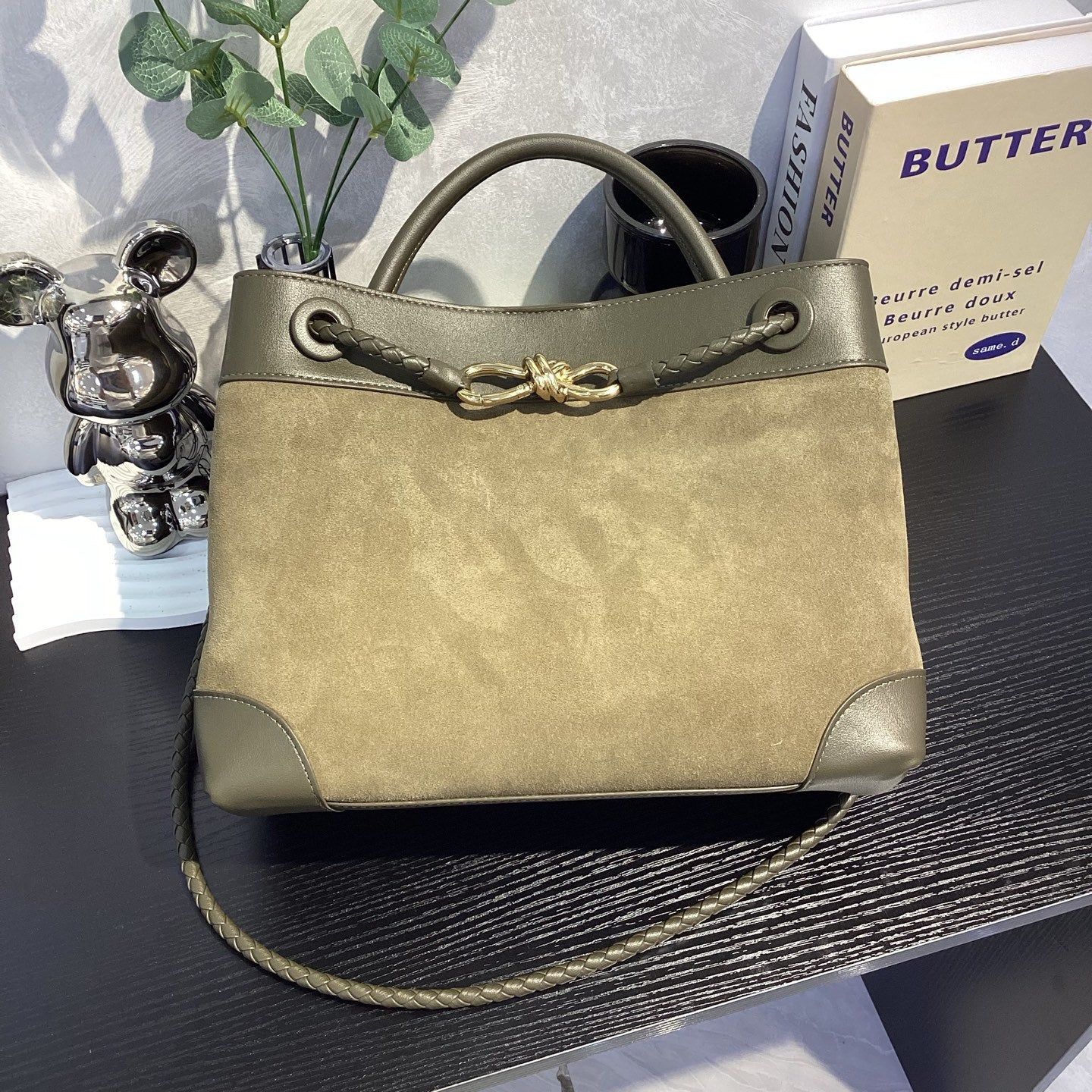 Suede Leather Woven Rope-Knot Handbag, Simple Elegant Shoulder & Crossbody Commuter Bag for Women