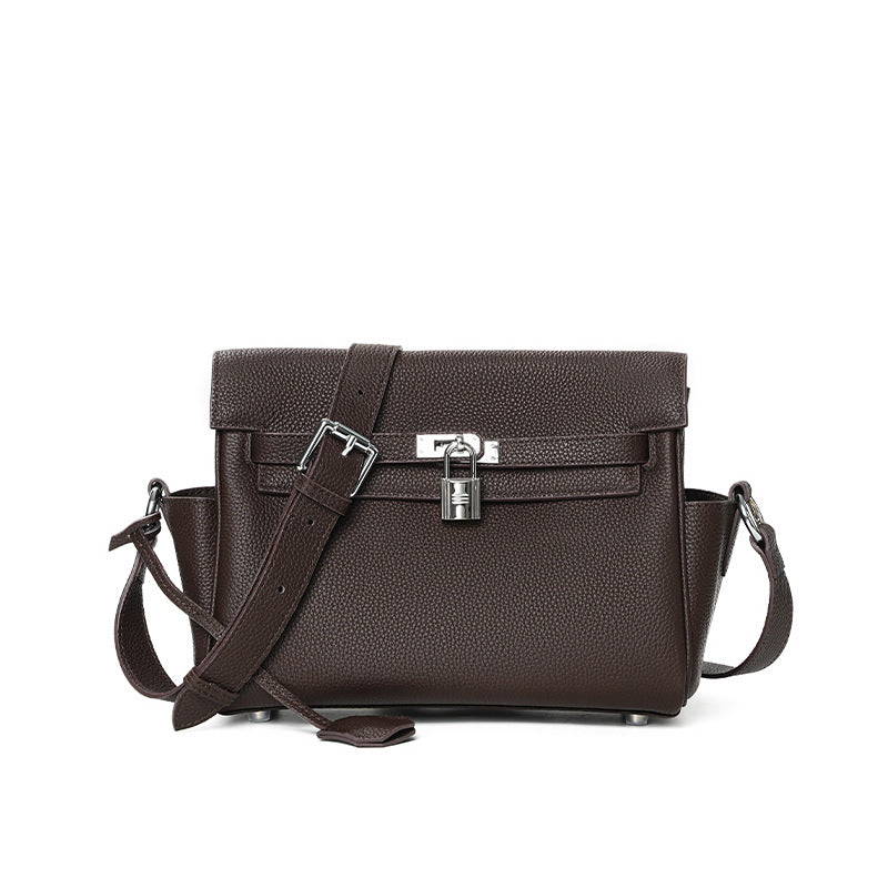Genuine Togo Top Layer Cowhide Kelly-Style Messenger Bag for Women, Black New Crossbody Top Handle Commute Purse, Premium Shoulder Handbag for Ladies