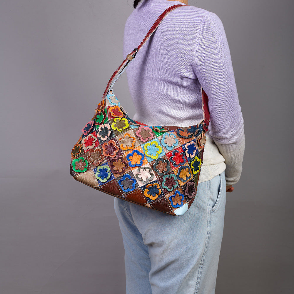 Premium Handcrafted Floral Color-Block Quilted Leather Bag for Women | New Genuine Cowhide Shoulder Purse with Unique Artistic Floral Patchwork Design | Casual Chic Everyday Handbag with Bohemian Flair | Trendy Statement Accessory for the Style-Consc