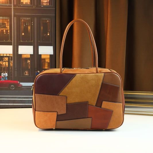 New Arrival Fall/Winter Color-Blocked Structured Bag for Women, A Vintage Shoulder Underarm Top-Handle Handbag with Square Leather Design