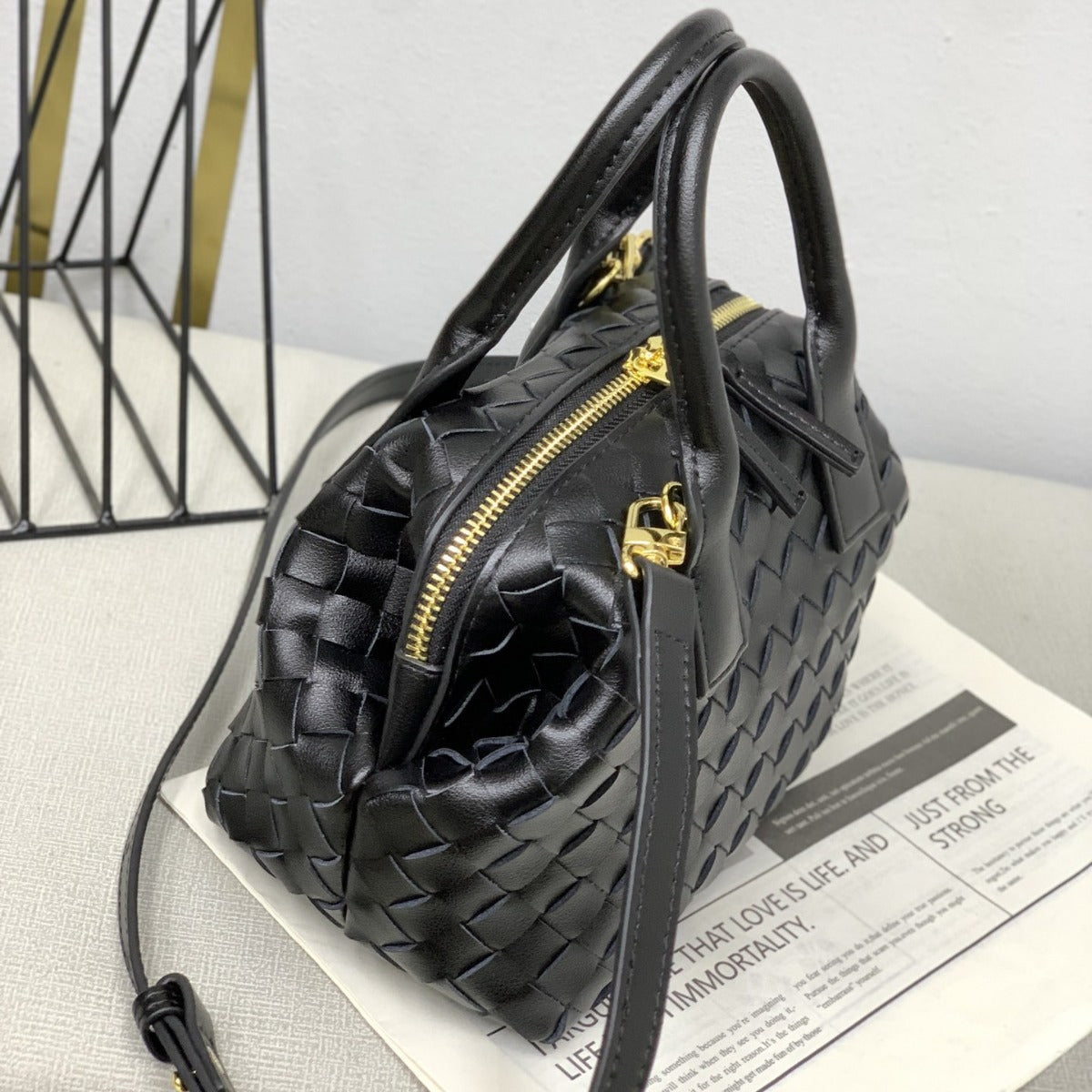 Genuine Leather Woven Boston Bag for Women, New Casual Shoulder Crossbody Top Handle Purse, Trendy Bowling Handbag for Ladies