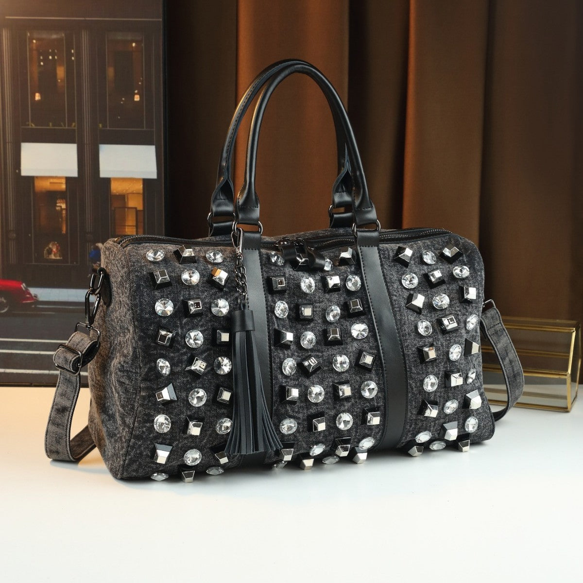 New Arrival Rhinestone-Embellished Square Bag for Women, A Large Capacity Casual Travel Top-Handle Crossbody Shoulder Handbag with Sparkly Design