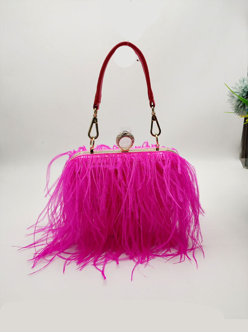 Genuine Ostrich Feather Evening Bag for Women, Fashionable Chain Shoulder Purse, Trendy Clutch Handbag for Parties and Weddings