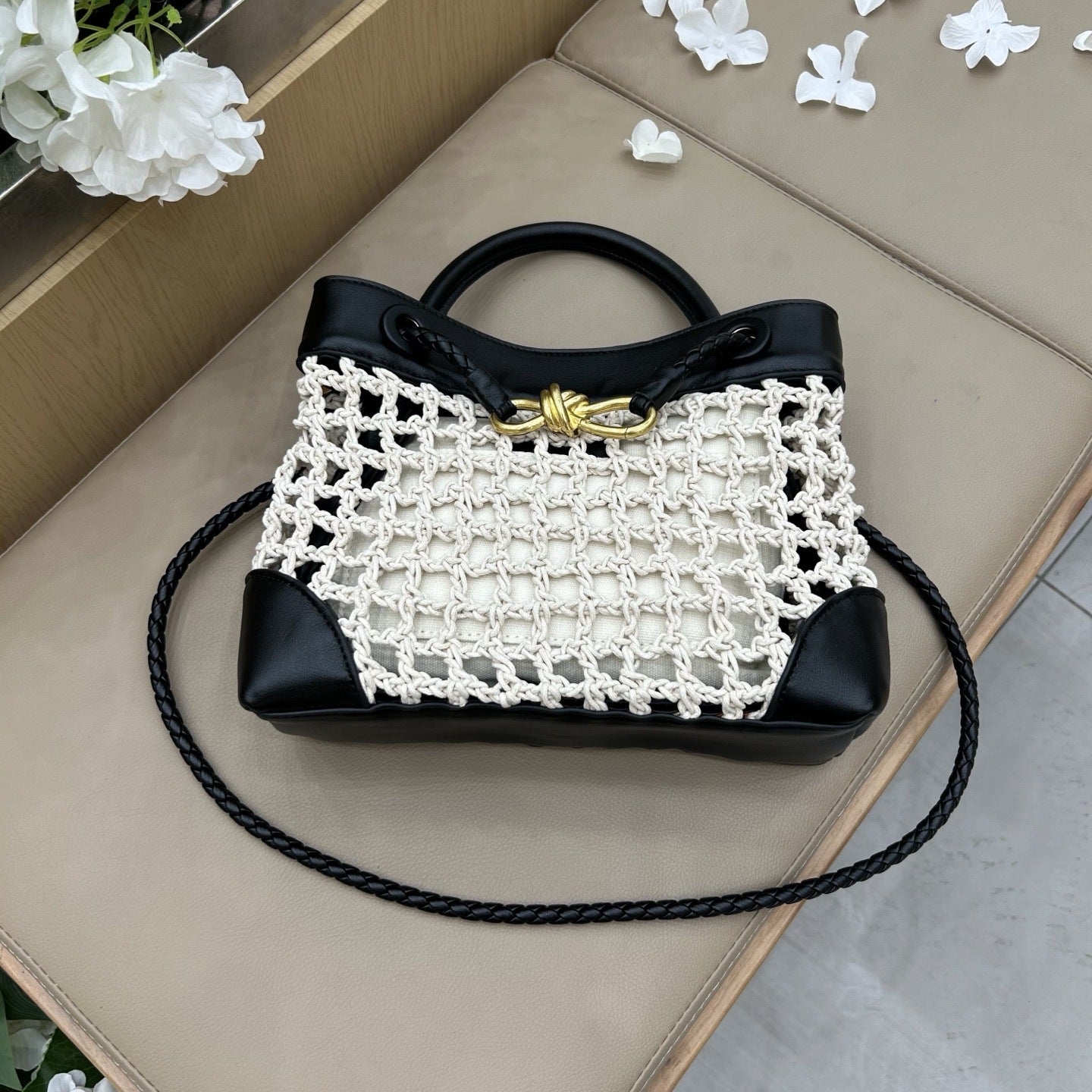 Genuine Leather Patchwork Tote Bag with Metal Butterfly Buckle, New Handwoven Cotton Rope Top Handle Mother-Child Bag, Trendy Handbag for Ladies