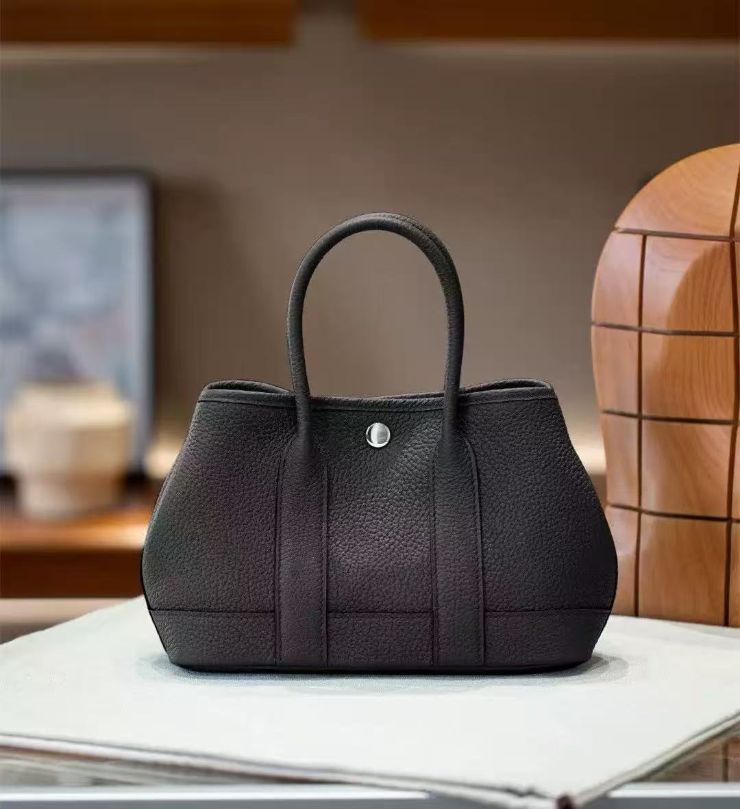 Genuine Togo Leather Garden Tote Bag for Women, New Spring Fashionable Small Top Handle Handbag, Hermès-Style Trendy Purse for Ladies