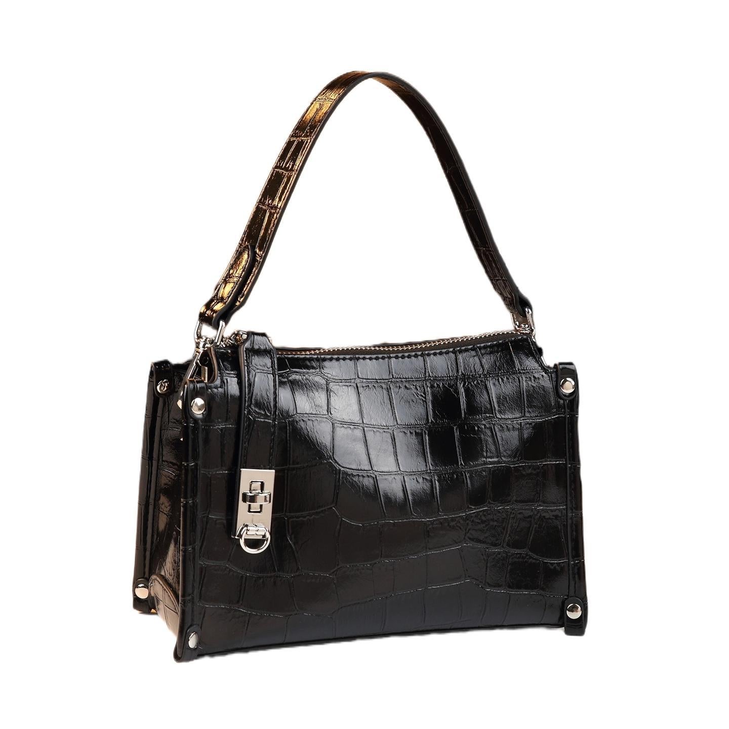 New Arrival Vintage Croc-Effect Genuine Leather Box Bag for Women, A Fashionable Top-Handle Crossbody Shoulder Handbag with Versatile Design