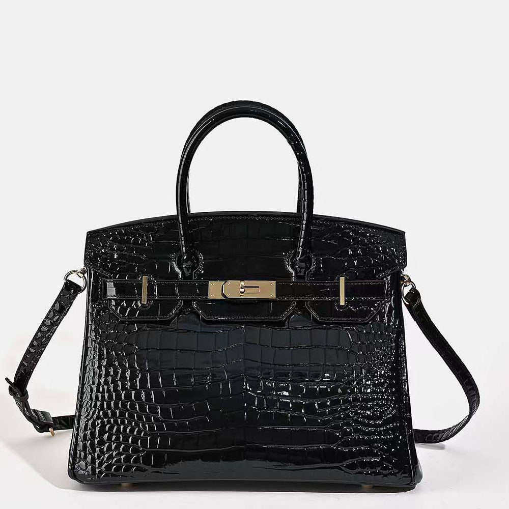 New Birkin Style Large Tote Bag for Women High Gloss Crocodile Embossed Genuine Leather Shoulder Handbag Crossbody Purse