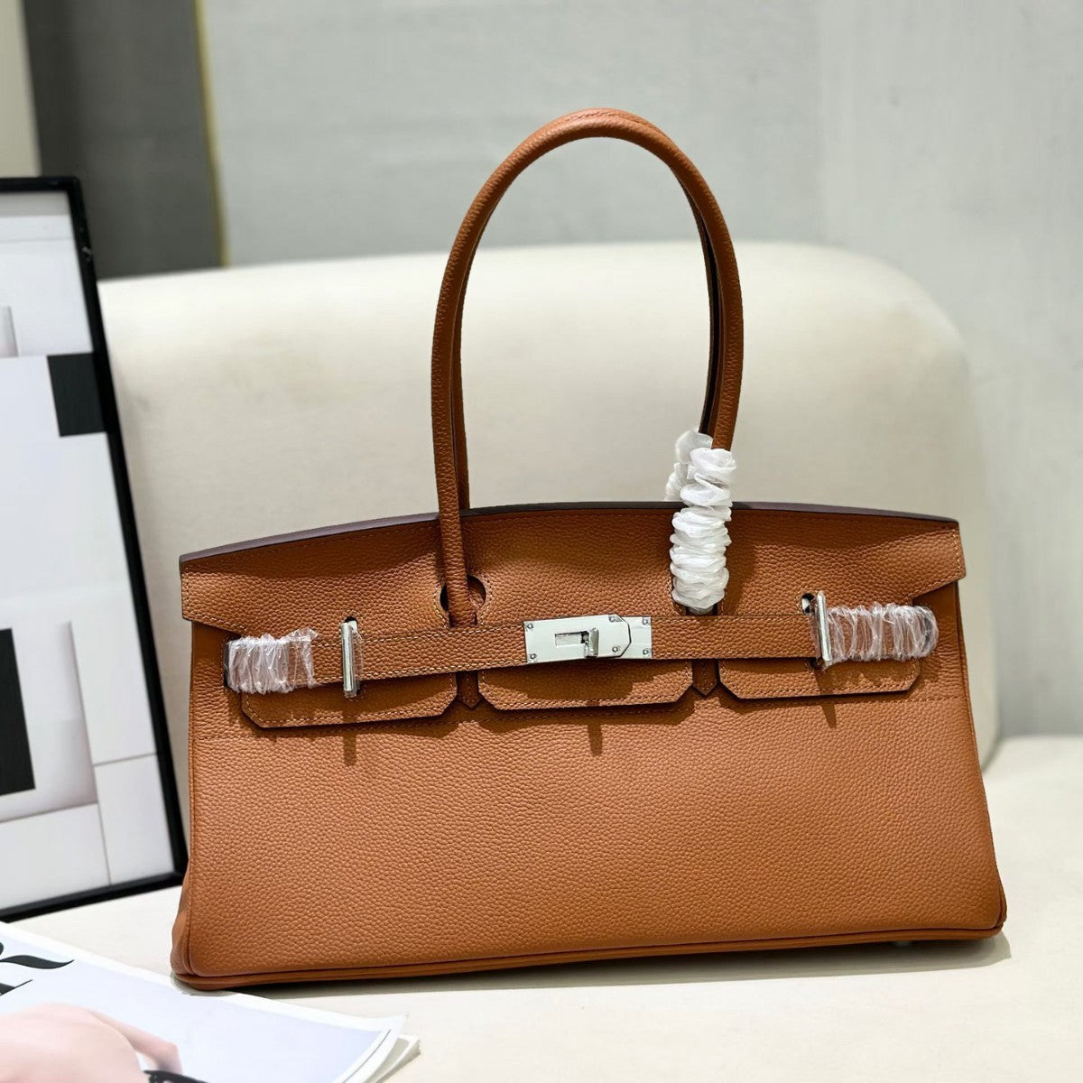 Genuine Togo Leather Birkin-Style Bag for Women, New Classic Vintage Top Handle Handbag, Niche Design Fashionable Versatile Purse for Ladies