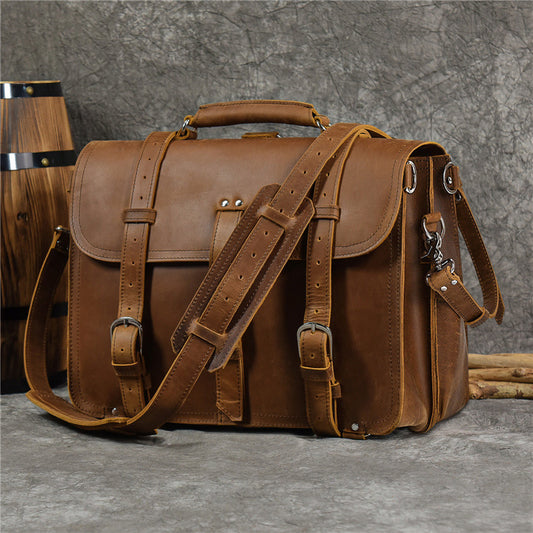 3-in-1 Crazy Horse Leather Large Travel Bag, Ultra-Durable 3-Compartment Backpack Briefcase, Vintage Convertible Work Commute Daypack for Men