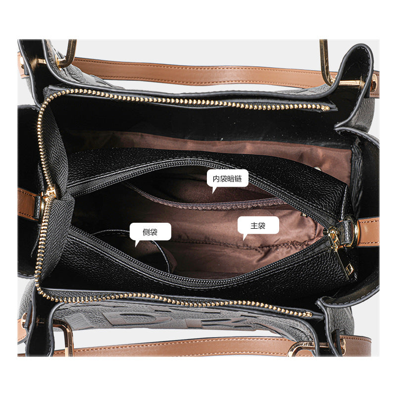 Genuine Leather Large Capacity Bucket Bag for Women, New Trendy Shoulder Crossbody Top Handle Purse, Letter Design Handbag for Ladies