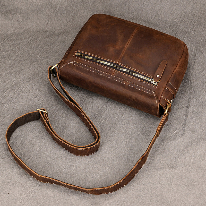Crazy Horse Leather Flap Crossbody Shoulder Bag, Top Layer Cowhide Outdoor Casual Pouch for Men