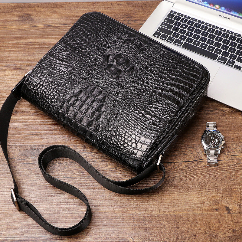 New Arrival Croc-Effect Genuine Leather Messenger Bag for Men, A Cowhide Shoulder Crossbody Handbag with Fashionable Design