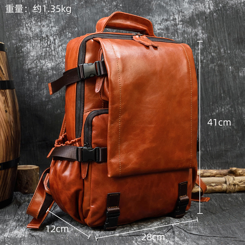 Genuine Oil Leather 14-Inch Laptop Backpack for Men and Women, Commute Travel Daypack, Premium Cowhide Rucksack for Ladies and Gentlemen